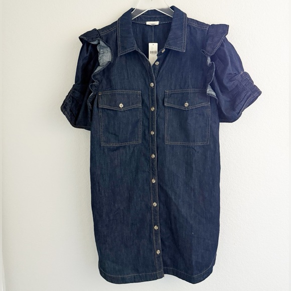 Anthropologie Pilcro Dark Denim Mini Shirt Dress with Puff Sleeves - Picture 2 of 7
